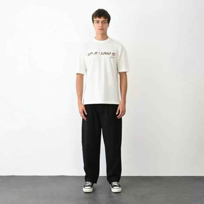 Unisex Bisiklet Yaka Baskılı Oversize Thirt  Beyaz