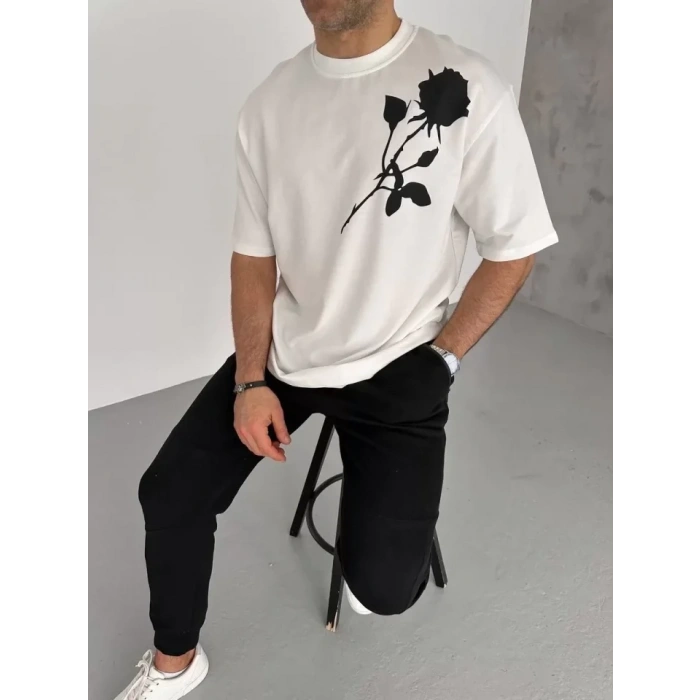 Unisex Bisiklet Yaka Baskılı Oversize Thirt  Beyaz