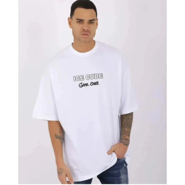 Unisex Bisiklet Yaka Baskılı Oversize Thirt  Beyaz