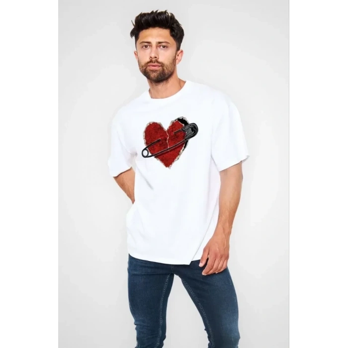 Unisex Bisiklet Yaka Baskılı Oversize Thirt  Beyaz