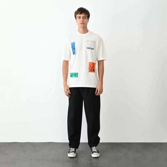 Unisex Bisiklet Yaka Baskılı Oversize Thirt  Beyaz