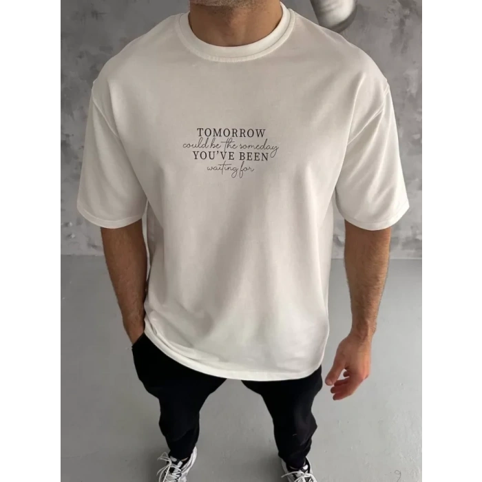 Unisex Bisiklet Yaka Baskılı Oversize Thirt  Beyaz