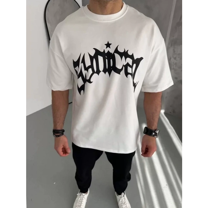 Unisex Bisiklet Yaka Baskılı Oversize Thirt  Beyaz