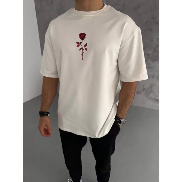 Unisex Bisiklet Yaka Baskılı Oversize Thirt  Beyaz