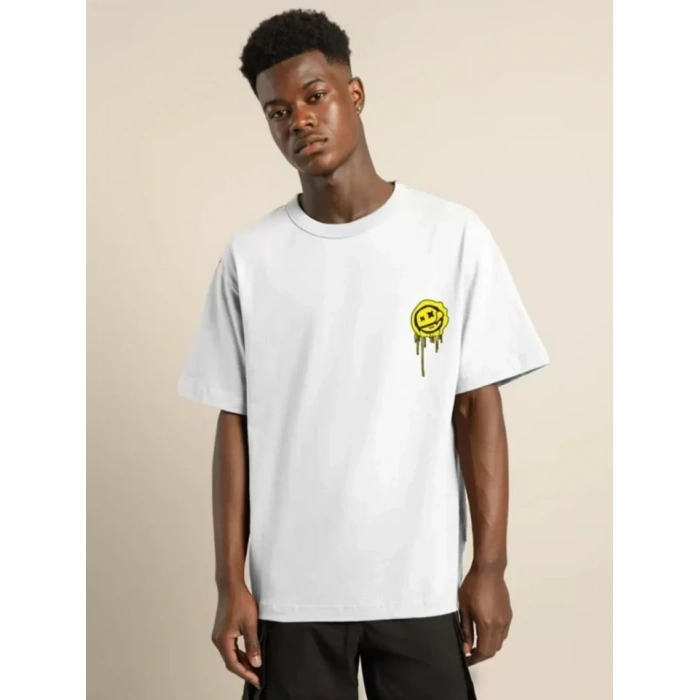 Unisex Bisiklet Yaka Baskılı Oversize Thirt  Beyaz