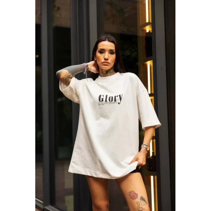 Unisex Bisiklet Yaka Baskılı Oversize Thirt  Beyaz