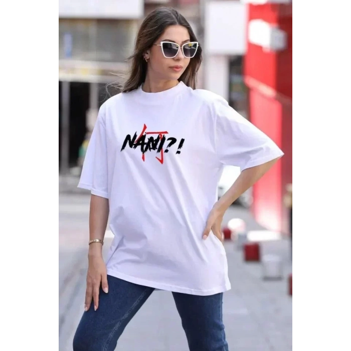 Unisex Bisiklet Yaka Baskılı Oversize Thirt  Beyaz