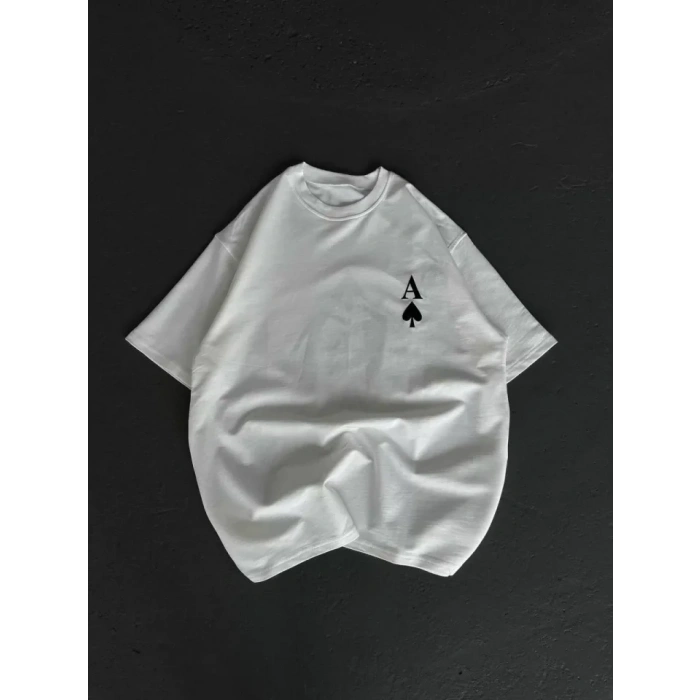 Unisex Bisiklet Yaka Baskılı Oversize Thirt  Beyaz