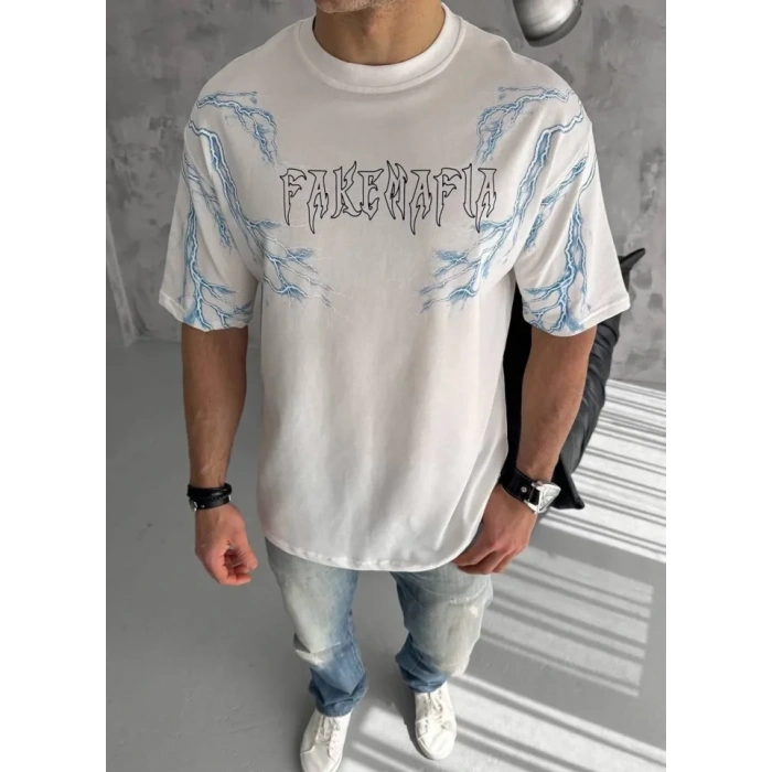 Unisex Bisiklet Yaka Baskılı Oversize Thirt  Beyaz