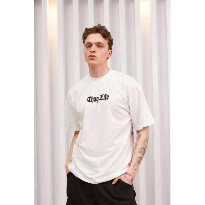 Unisex Bisiklet Yaka Baskılı Oversize Thirt  Beyaz