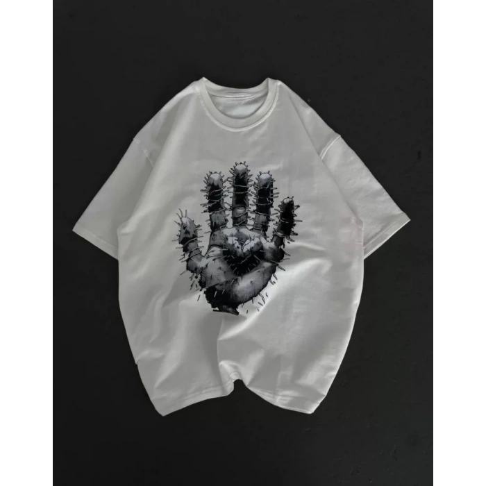 Unisex Bisiklet Yaka Baskılı Oversize Thirt  Beyaz