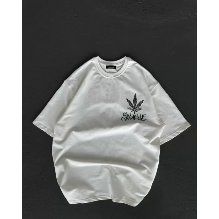 Unisex Bisiklet Yaka Baskılı Oversize Thirt  Beyaz