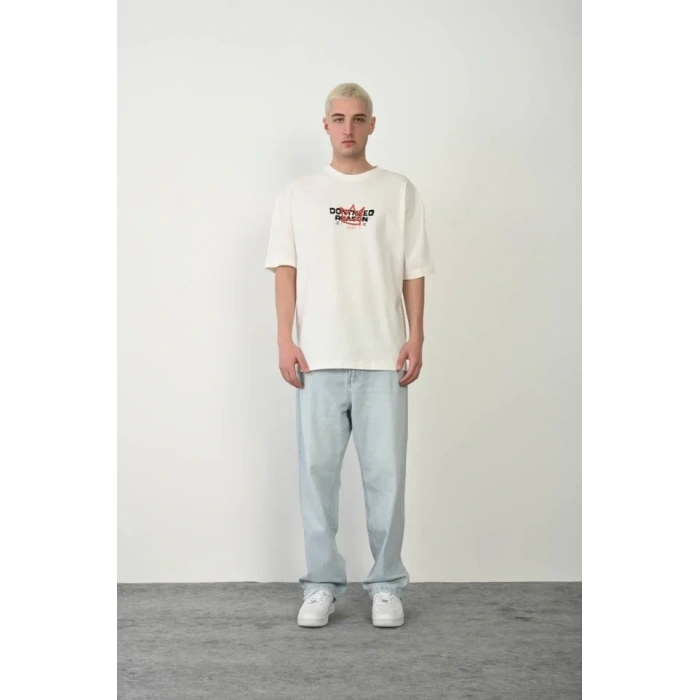 Unisex Bisiklet Yaka Baskılı Oversize Thirt  Beyaz