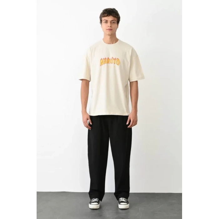 Unisex Bisiklet Yaka Baskılı Oversize Thirt  Beyaz