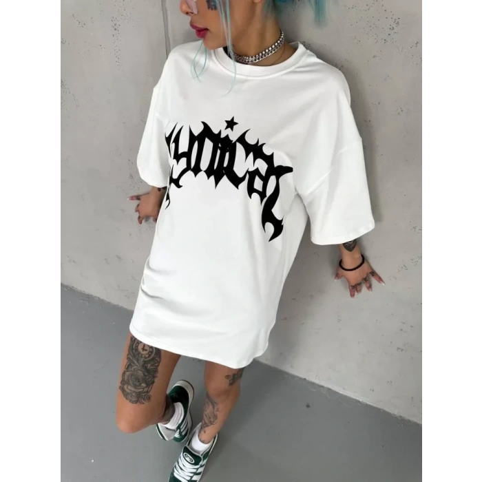 Unisex Bisiklet Yaka Baskılı Oversize Thirt  Beyaz