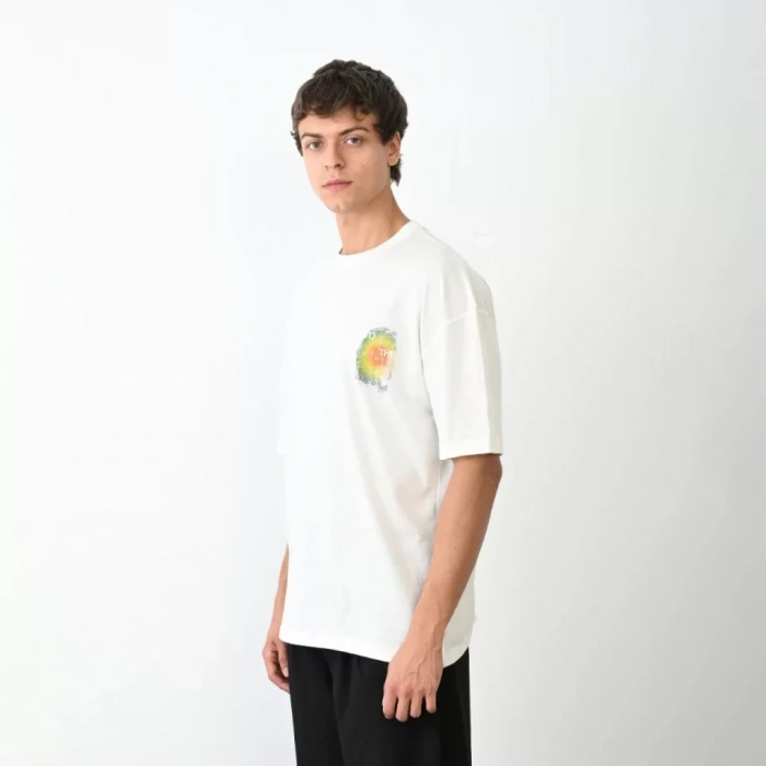 Unisex Bisiklet Yaka Baskılı Oversize Thirt  Beyaz