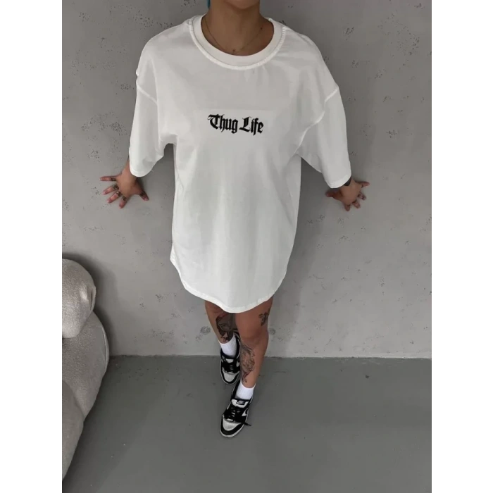 Unisex Bisiklet Yaka Baskılı Oversize Thirt  Beyaz