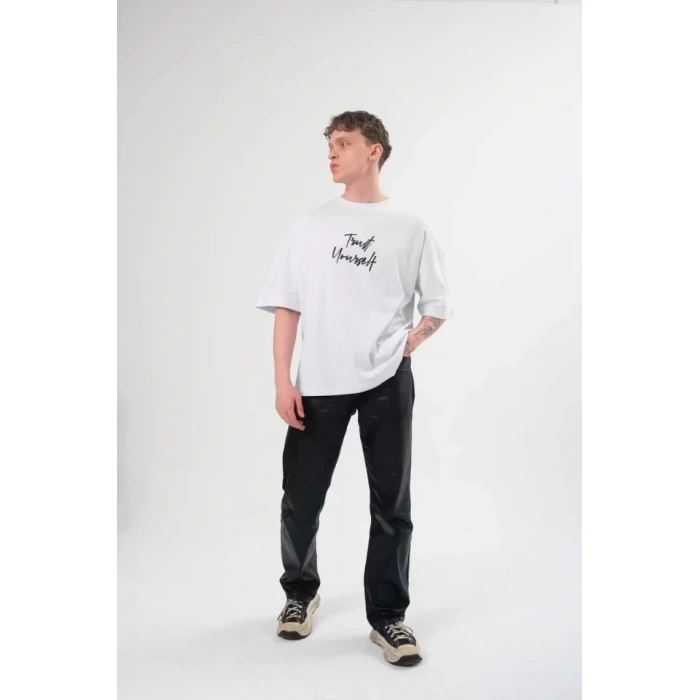 Unisex Bisiklet Yaka Baskılı Oversize Thirt  Beyaz