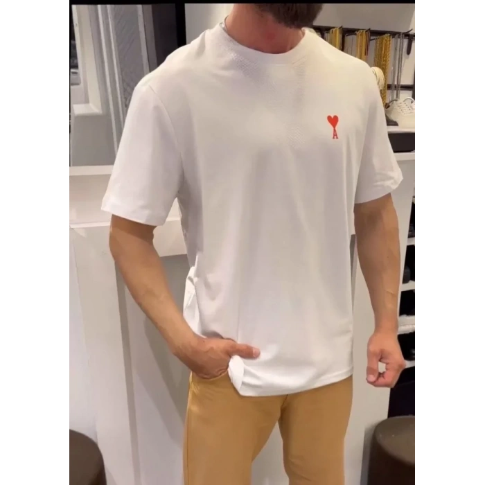 Unisex Bisiklet Yaka Baskılı Oversize Thirt  Beyaz