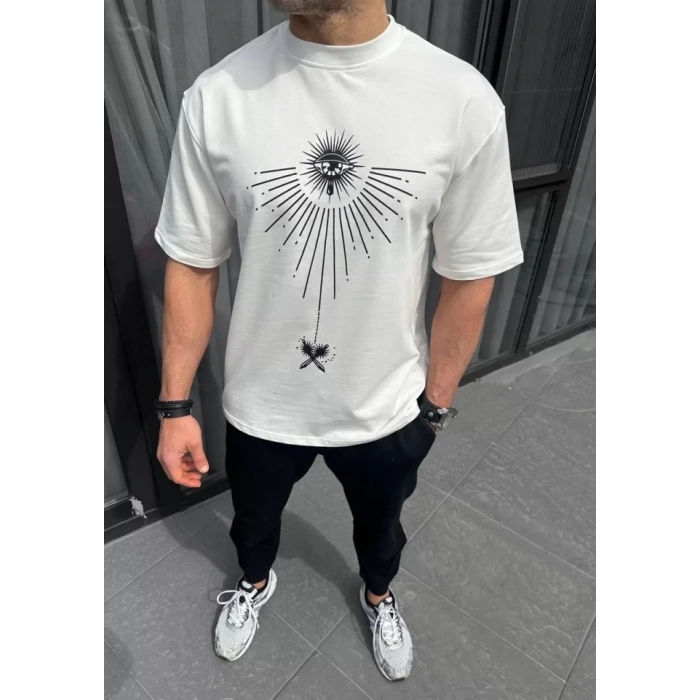 Unisex Bisiklet Yaka Baskılı Oversize Thirt  Beyaz