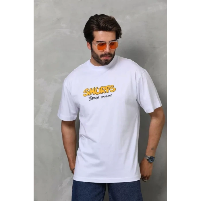 Unisex Bisiklet Yaka Baskılı Oversize Thirt  Beyaz