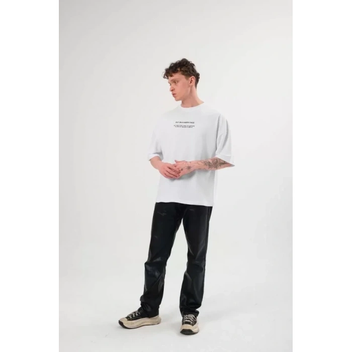 Unisex Bisiklet Yaka Baskılı Oversize Thirt  Beyaz