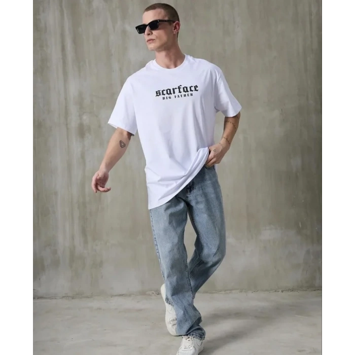 Unisex Bisiklet Yaka Baskılı Oversize Thirt  Beyaz