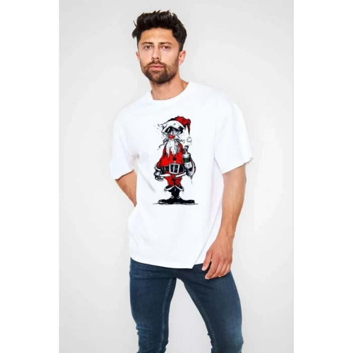 Unisex Bisiklet Yaka Baskılı Oversize Thirt  Beyaz