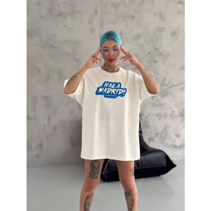 Unisex Bisiklet Yaka Baskılı Oversize Thirt  Beyaz