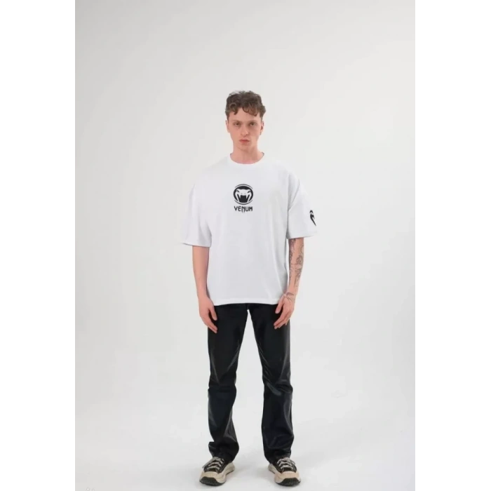 Unisex Bisiklet Yaka Baskılı Oversize Thirt  Beyaz