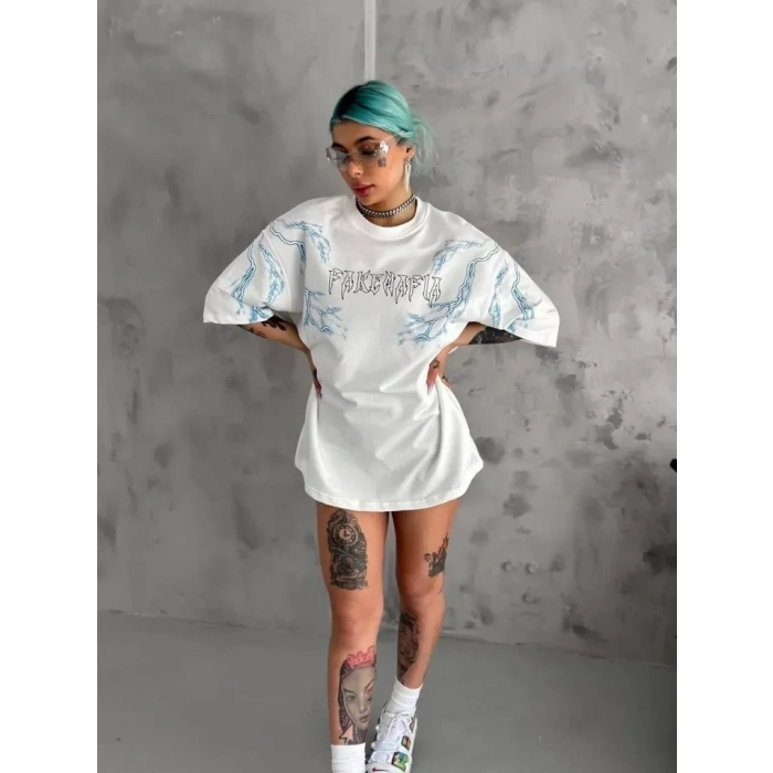 Unisex Bisiklet Yaka Baskılı Oversize Thirt  Beyaz