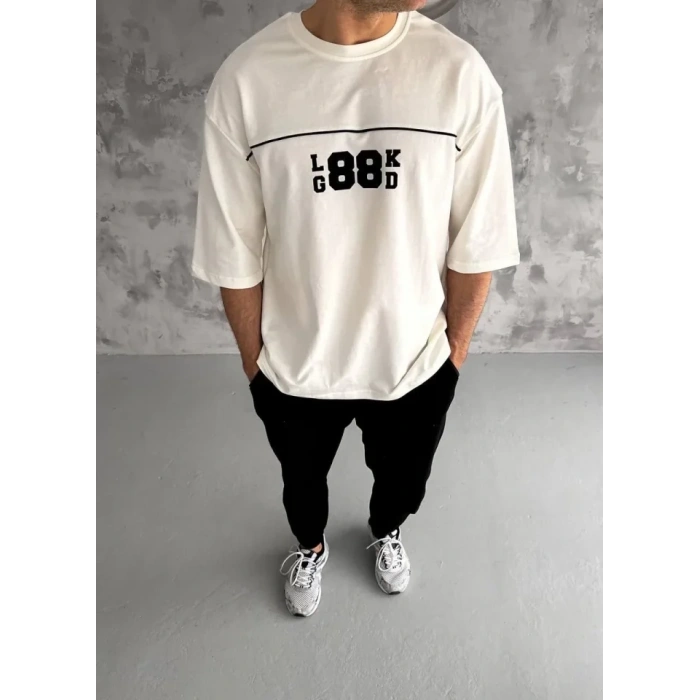 Unisex Bisiklet Yaka Baskılı Oversize Thirt  Beyaz