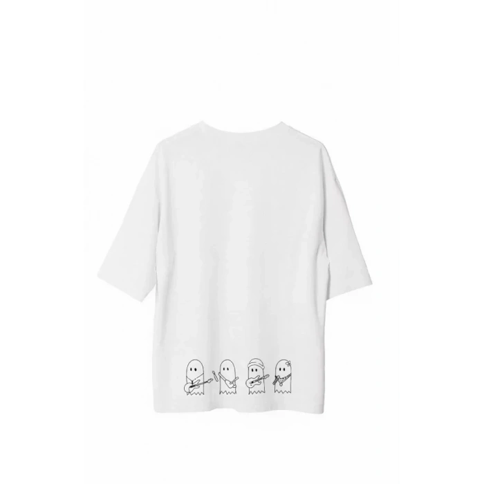 Unisex Bisiklet Yaka Baskılı Oversize Thirt  Beyaz