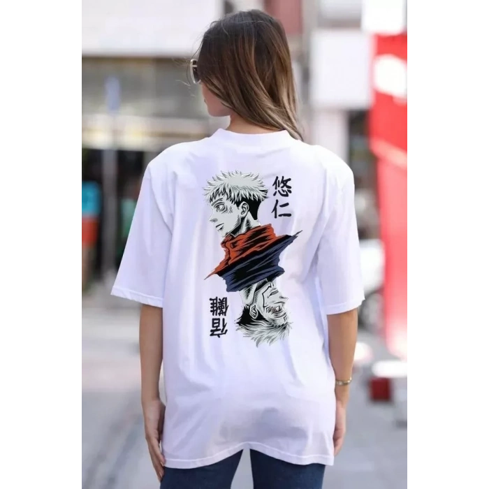 Unisex Bisiklet Yaka Baskılı Oversize Thirt  Beyaz