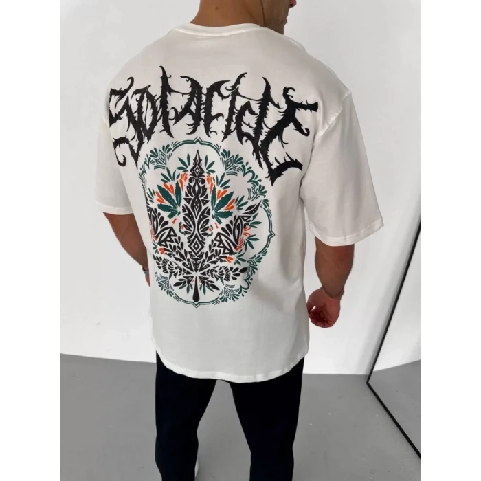 Unisex Bisiklet Yaka Baskılı Oversize Thirt  Beyaz