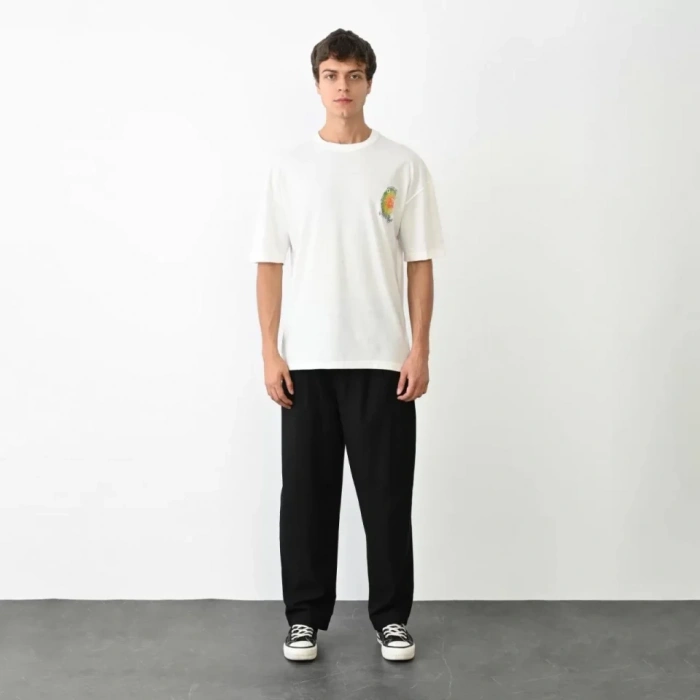 Unisex Bisiklet Yaka Baskılı Oversize Thirt  Beyaz