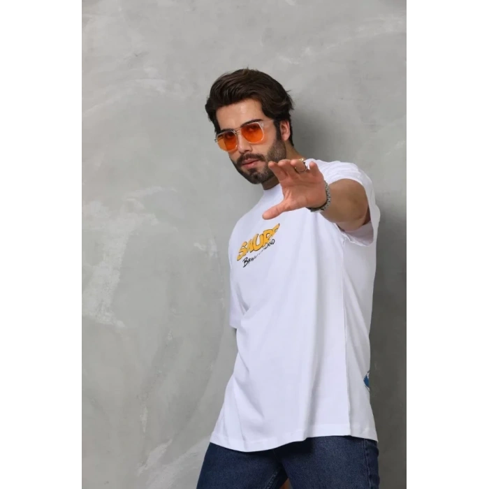 Unisex Bisiklet Yaka Baskılı Oversize Thirt  Beyaz