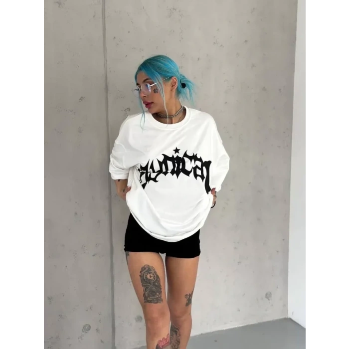 Unisex Bisiklet Yaka Baskılı Oversize Thirt  Beyaz