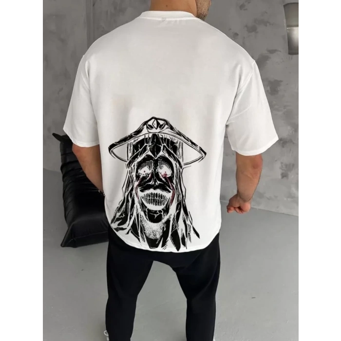 Unisex Bisiklet Yaka Baskılı Oversize Thirt  Beyaz