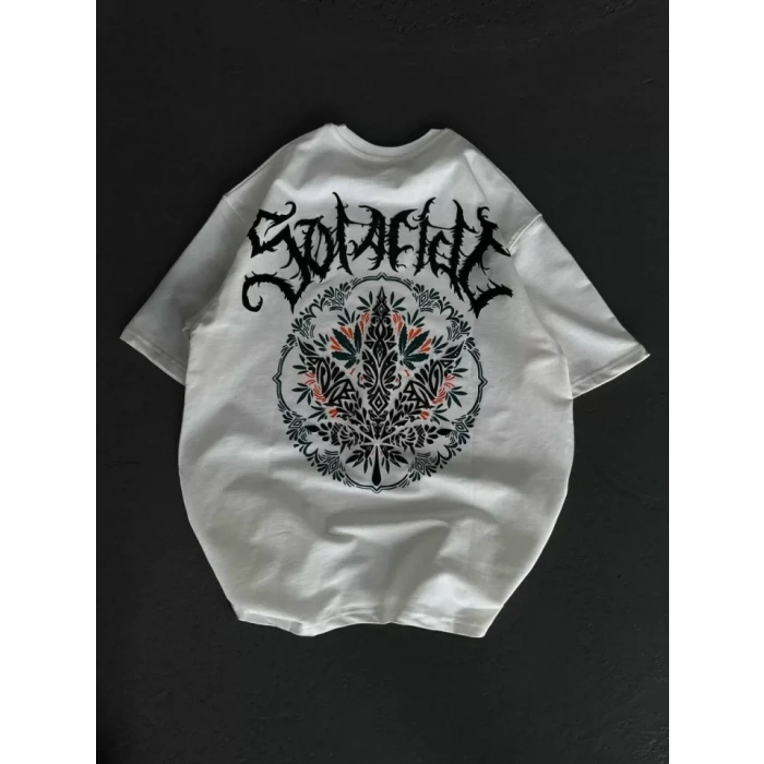 Unisex Bisiklet Yaka Baskılı Oversize Thirt  Beyaz