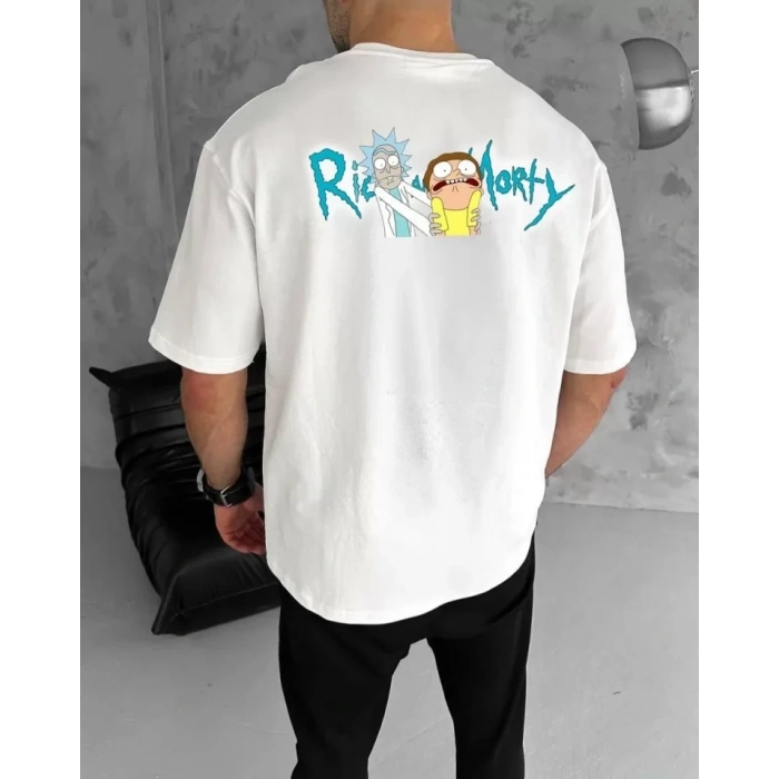 Unisex Bisiklet Yaka Baskılı Oversize Thirt  Beyaz