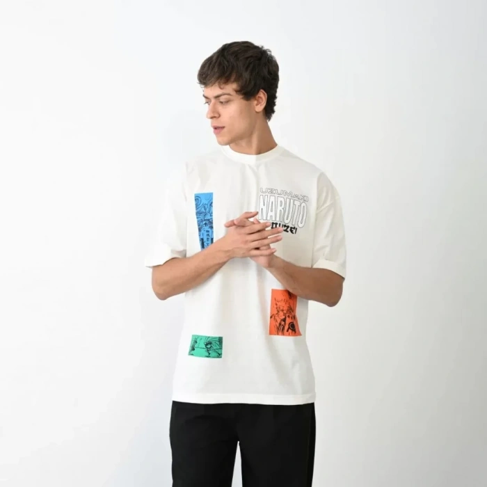 Unisex Bisiklet Yaka Baskılı Oversize Thirt  Beyaz