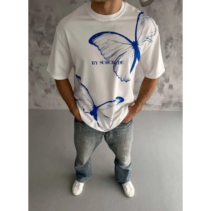 Unisex Bisiklet Yaka Baskılı Oversize Thirt  Beyaz