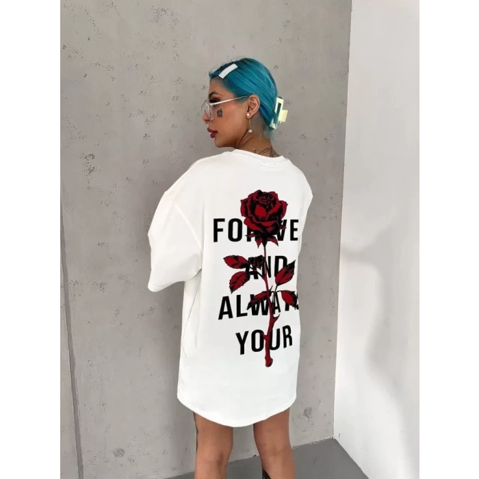 Unisex Bisiklet Yaka Baskılı Oversize Thirt  Beyaz