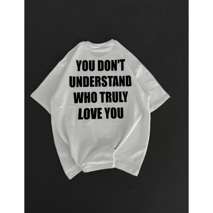 Unisex Bisiklet Yaka Baskılı Oversize Thirt  Beyaz