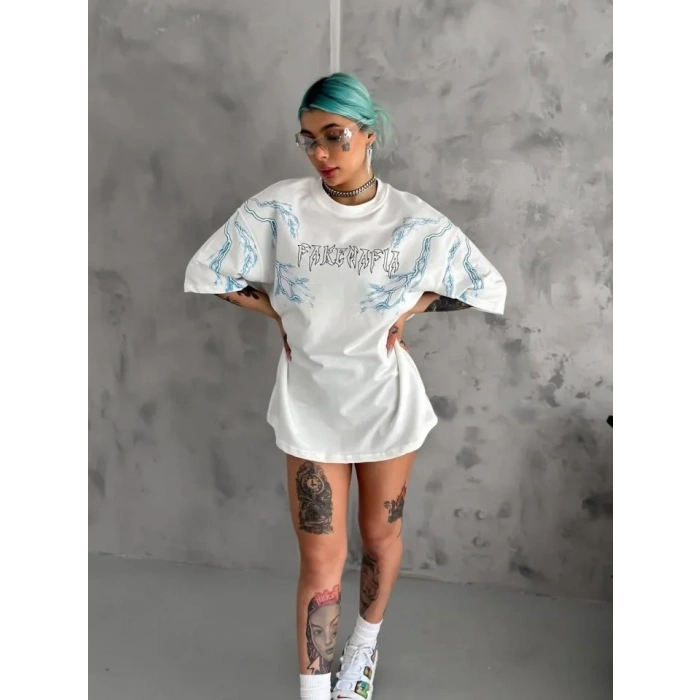 Unisex Bisiklet Yaka Baskılı Oversize Thirt  Beyaz
