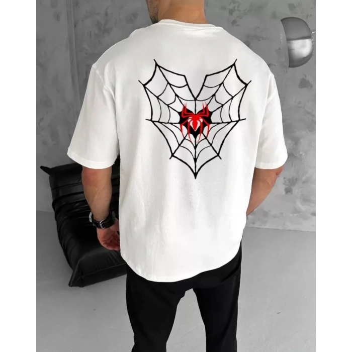 Unisex Bisiklet Yaka Baskılı Oversize Thirt  Beyaz