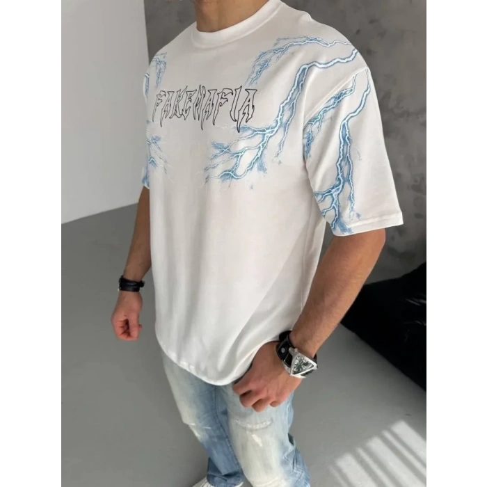 Unisex Bisiklet Yaka Baskılı Oversize Thirt  Beyaz