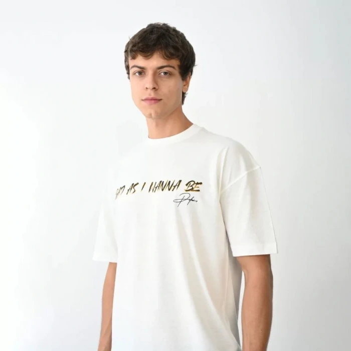 Unisex Bisiklet Yaka Baskılı Oversize Thirt  Beyaz