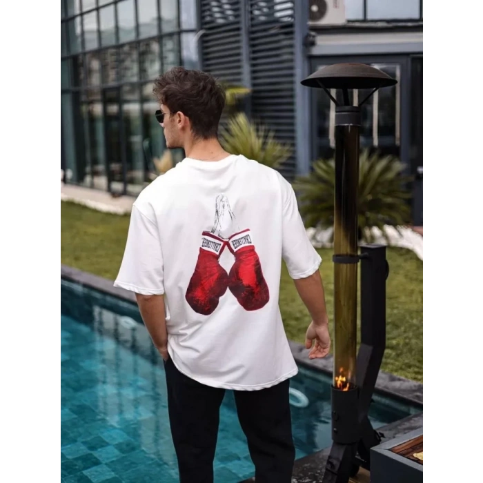 Unisex Bisiklet Yaka Baskılı Oversize Thirt  Beyaz